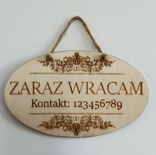 Tabliczka Zaraz Wracam elipsa grawerowana kontakt