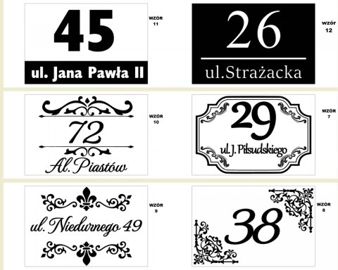 Kolejny katalog wzorów: Tablice adresowe w różnych stylach, od klasycznych po zdobione, z różnymi numerami i nazwami ulic.