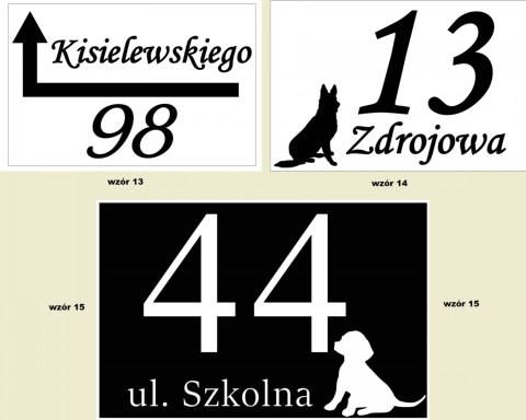 Tablice z grafiką: Tablice z motywami zwierząt i strzałek, w tym numeracja i nazwy ulic jak „ul. Szkolna”.