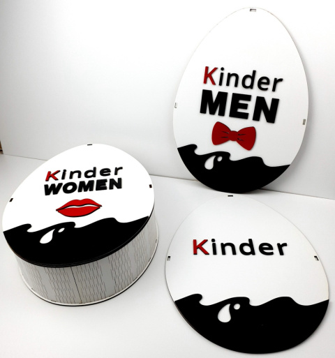 Trzy dekoracyjne jajka w stylu Kinder z napisami „Kinder Men” i „Kinder Women” na białym tle