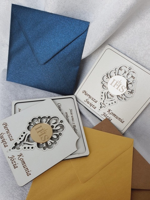 Ażurowe Białe Zaproszenie na Pierwszą Komunię Świętą lub Chrzest