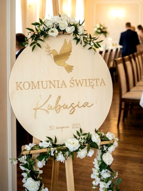 Koło powitalne na Komunię Chrzest – boho drewniany lub biel + akryl lustrzany złoty lub srebrny personalizowane