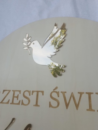 Koło powitalne na Komunię Chrzest – boho drewniany lub biel + akryl lustrzany złoty lub srebrny personalizowane