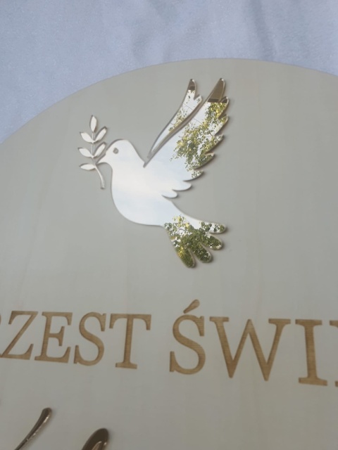 Koło powitalne na Komunię Chrzest – boho drewniany lub biel + akryl lustrzany złoty lub srebrny personalizowane