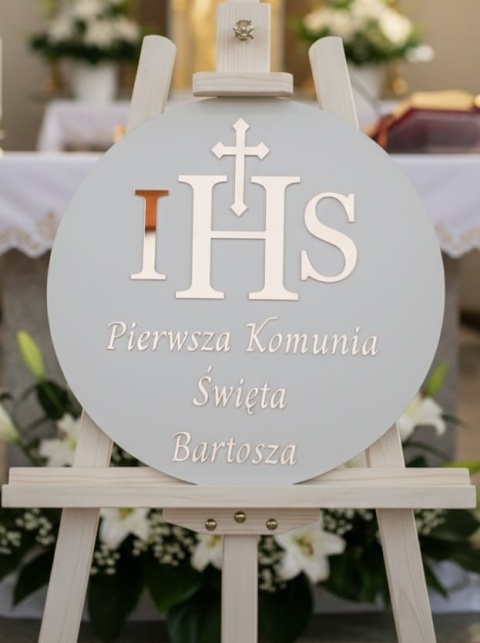 Koło powitalne Hostia IHS Pierwsza Komunia Święta imię akryl lustro