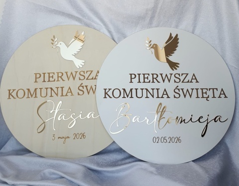 Koło powitalne na Komunię Chrzest – boho drewniany lub biel + akryl lustrzany złoty lub srebrny personalizowane