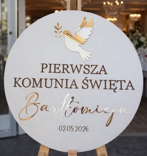 Koło powitalne na Komunię Chrzest – boho drewniany lub biel + akryl lustrzany złoty lub srebrny personalizowane
