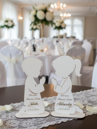 Ozdoba Kościoła Postacie modlące się dzieci - chłopiec i dziewczynka z imieniem i datą uroczystości