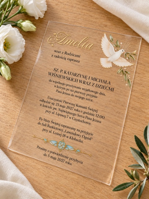 Personalizowane przezroczyste zaproszenie na Komunię z gołębicą