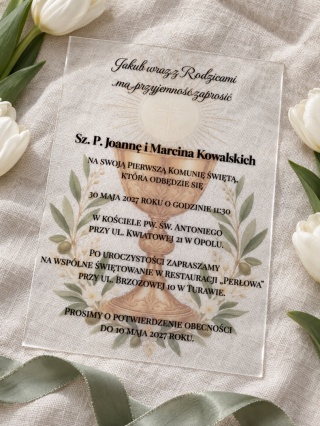 Personalizowane zaproszenie na Komunię z kielichem przezroczyste