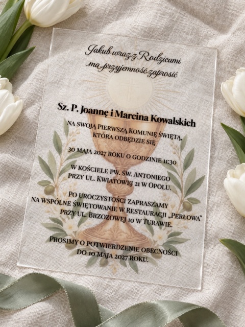 Personalizowane zaproszenie na Komunię z kielichem przezroczyste