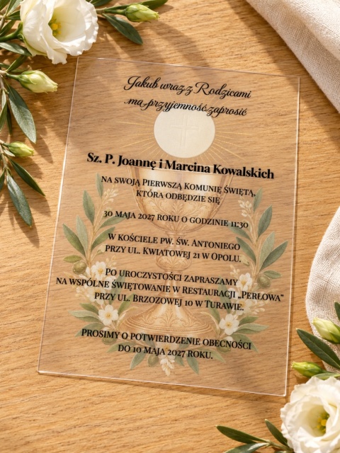 Personalizowane zaproszenie na Komunię z kielichem przezroczyste