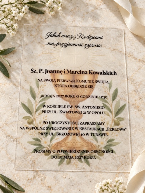 Personalizowane zaproszenie na Komunię z kielichem przezroczyste