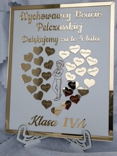 Podziękowanie dla Nauczyciela ze Złotymi Akrylowymi Serduszkami w Ramce