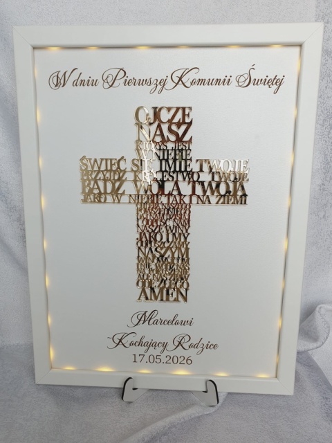 Pamiątka Komunii Świętej dla dziecka Obraz Krzyż Ojcze Nasz z personalizacją