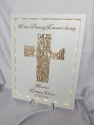 Pamiątka Komunii Świętej dla dziecka Obraz Krzyż Ojcze Nasz z personalizacją