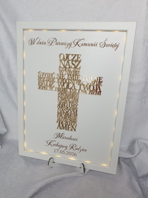 Pamiątka Komunii Świętej dla dziecka Obraz Krzyż Ojcze Nasz z personalizacją