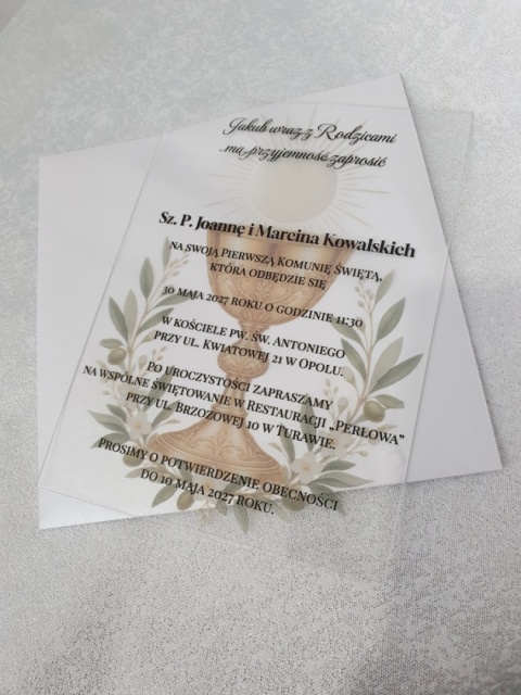 Personalizowane zaproszenie na Komunię z kielichem przezroczyste