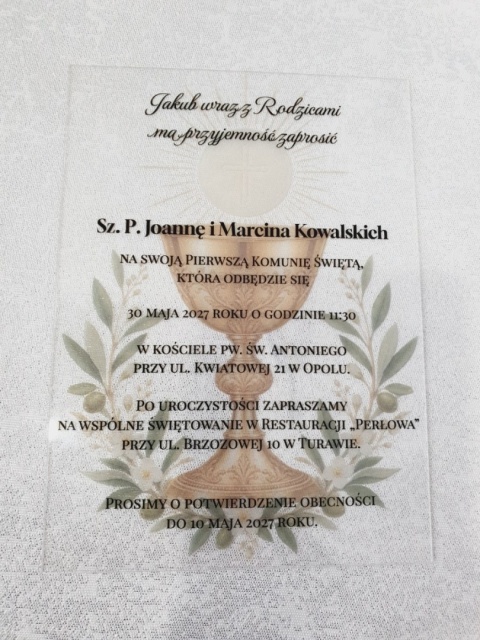 Personalizowane zaproszenie na Komunię z kielichem przezroczyste