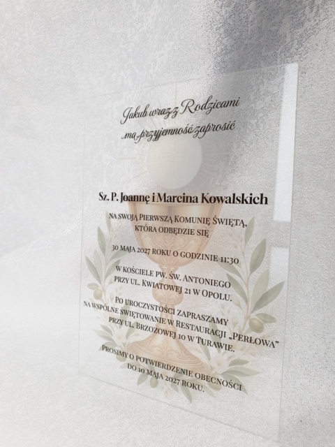 Personalizowane zaproszenie na Komunię z kielichem przezroczyste
