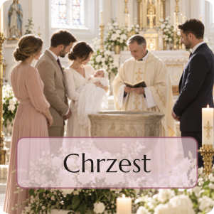 odzina z dzieckiem podczas ceremonii chrztu przy chrzcielnicy w kościele
